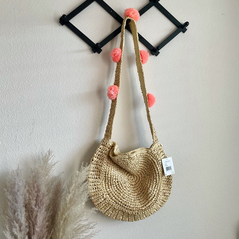 Pom Pom Straw Bag Cross Body Beach Purse